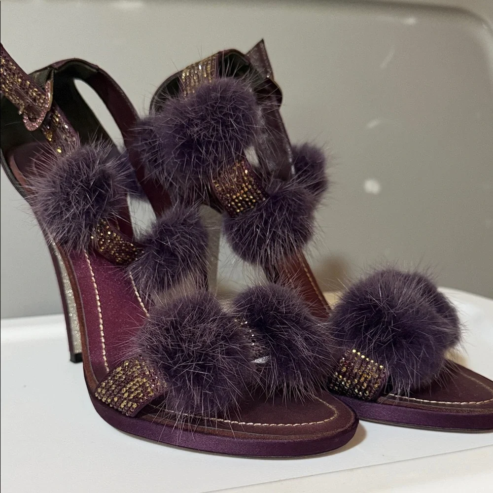 Rene Caovilla Lavender Fur Pom-Pom Crystal Strap Stiletto Heels